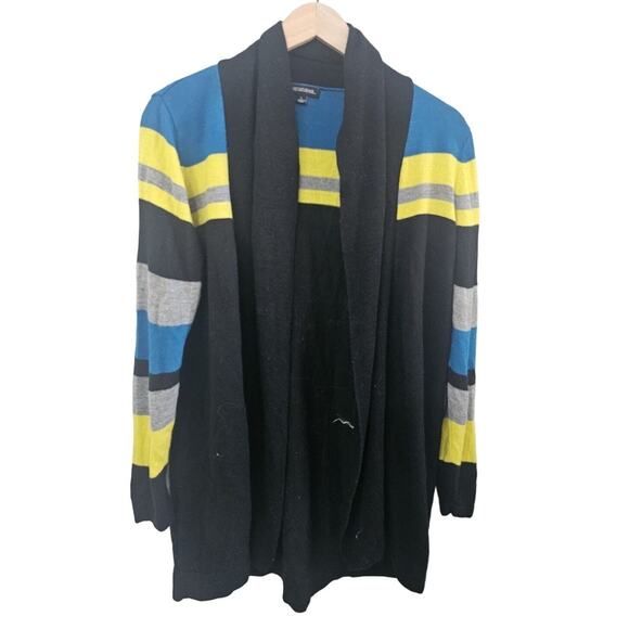 Notations Womens Open Front Tunic Cardigan Sweater Sz L Shawl Collar Striped - Picture 1 of 5